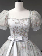 Gray A-Line Tulle Sequin Long Prom Dress, Gray Tulle Sweet 16 Dress