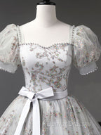 Gray A-Line Tulle Sequin Long Prom Dress, Gray Tulle Sweet 16 Dress