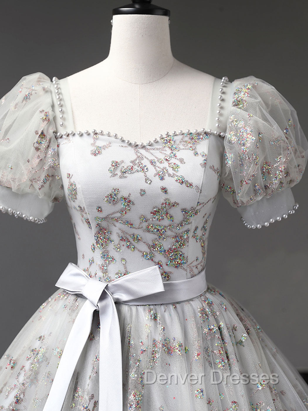 Gray A-Line Tulle Sequin Long Prom Dress, Gray Tulle Sweet 16 Dress