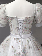 Gray A-Line Tulle Sequin Long Prom Dress, Gray Tulle Sweet 16 Dress