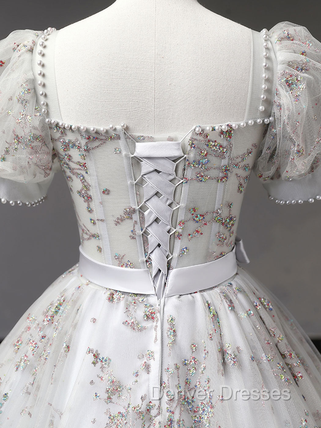 Gray A-Line Tulle Sequin Long Prom Dress, Gray Tulle Sweet 16 Dress