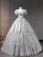 Gray A-Line Tulle Sequin Long Prom Dress, Gray Tulle Sweet 16 Dress