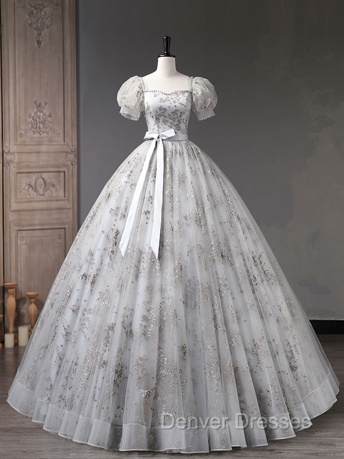 Gray A-Line Tulle Sequin Long Prom Dress, Gray Tulle Sweet 16 Dress