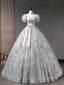 Gray A-Line Tulle Sequin Long Prom Dress, Gray Tulle Sweet 16 Dress