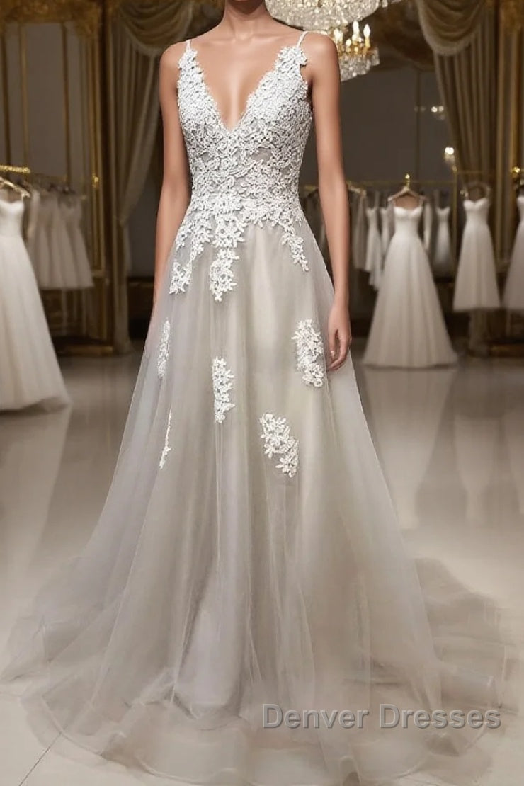 Gray A Line V Neck Lace Appliques Tulle Long Prom Dress, Lace Gray Formal Dress, Evening Dress 2019 Main image