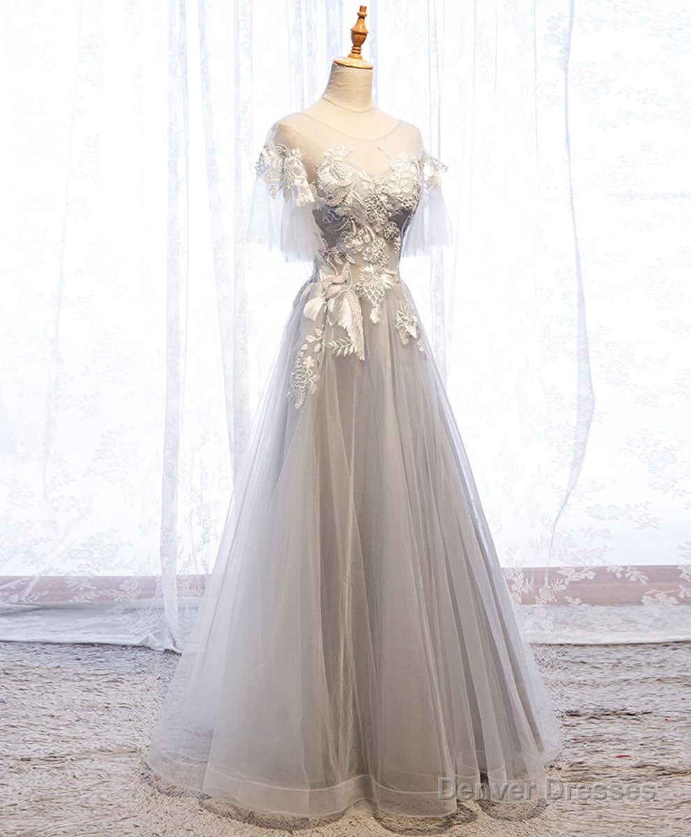 Gray Aline Lace Long Prom Dress, Gray Tulle Lace Formal Graduation Dress Main image