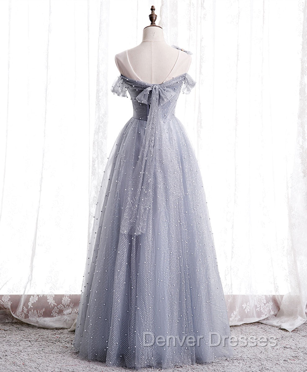Gray Aline Long Prom Dress, One Shoulder Gray Formal Party Dress Secondary image