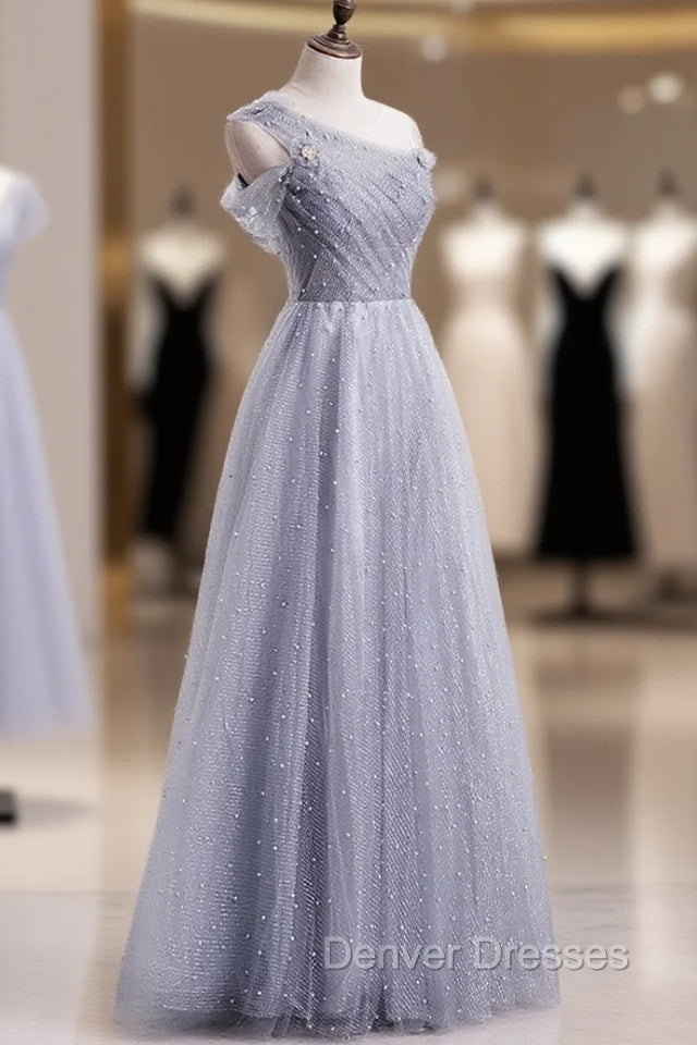 Gray Aline Long Prom Dress, One Shoulder Gray Formal Party Dress
