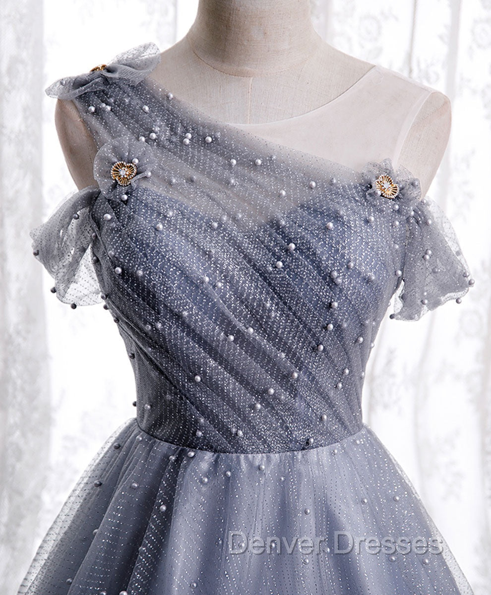 Gray Aline Long Prom Dress, One Shoulder Gray Formal Party Dress
