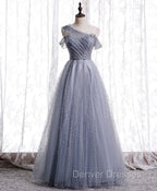 Gray Aline Long Prom Dress, One Shoulder Gray Formal Party Dress