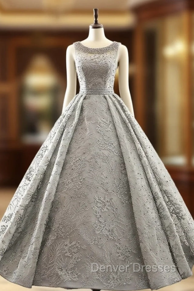 Gray Ball Gown Backless Appliques Pearls Floor Length Wedding Dress Main image