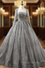 Gray Ball Gown Sequins Long Sleeve Backless Wedding Dress