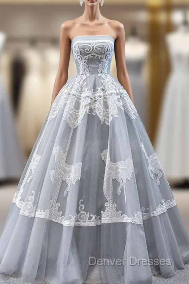 Gray Ball Gown Tulle Appliques Embroidery Strapless Prom Dress Main image