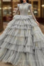 Gray Ball Gown Tulle Long Sleeve High Neck Beading Wedding Dress