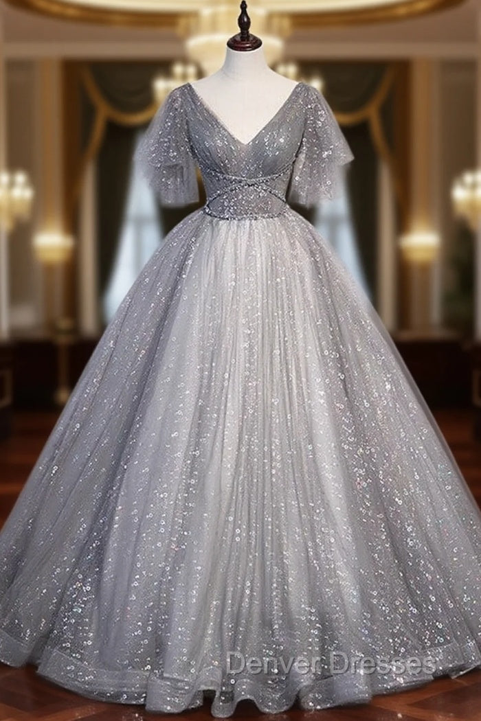 Gray Ball Gown Tulle Sequins V-neck Prom Dress Main image