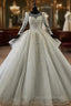 Gray Ball Gown Tulle Seuqins Beading Long Sleeve Wedding Dress With Long Train