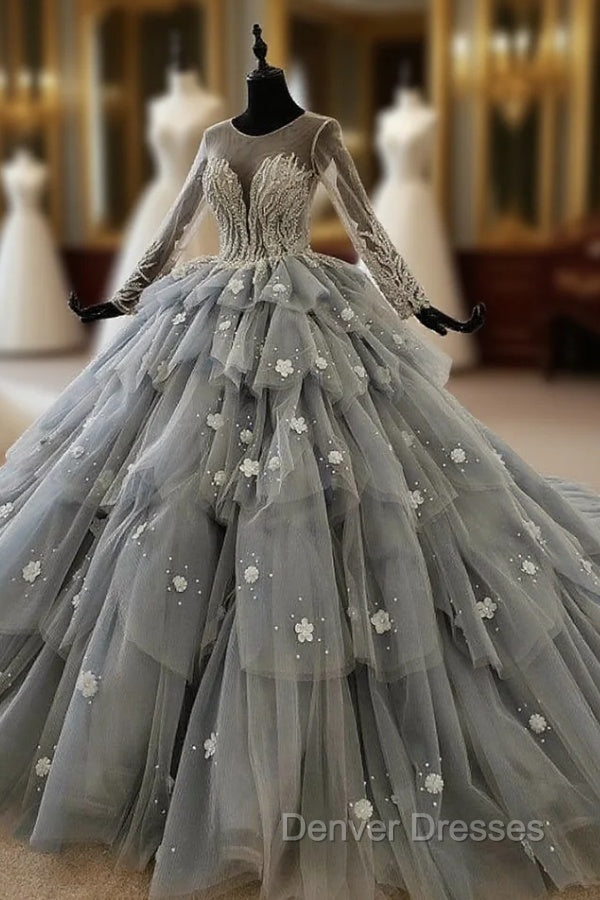Gray Ball Gown Tulle Tiers Long Sleeve Appliques Beading Wedding Dress Main image