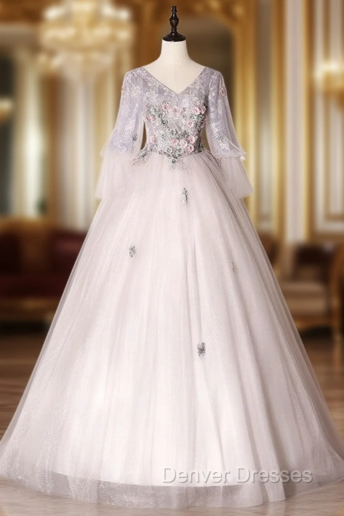 Gray Ball Gown Tulle V-neck Long Sleeve Quinceanera Dress Main image