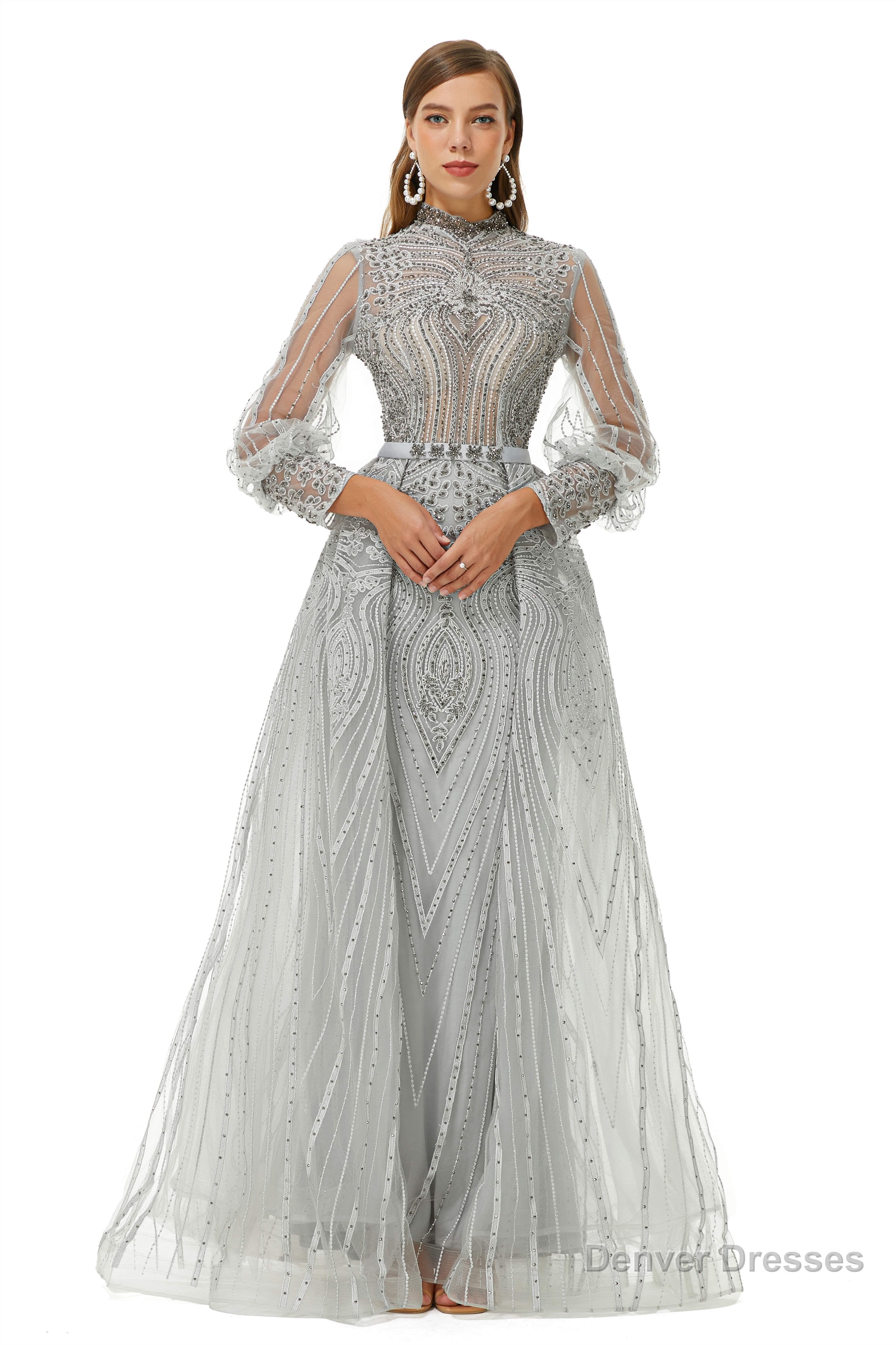 Gray Beaded Mermaid Long sleeves Prom Dresses Main image