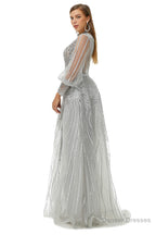 Gray Beaded Mermaid Long sleeves Prom Dresses