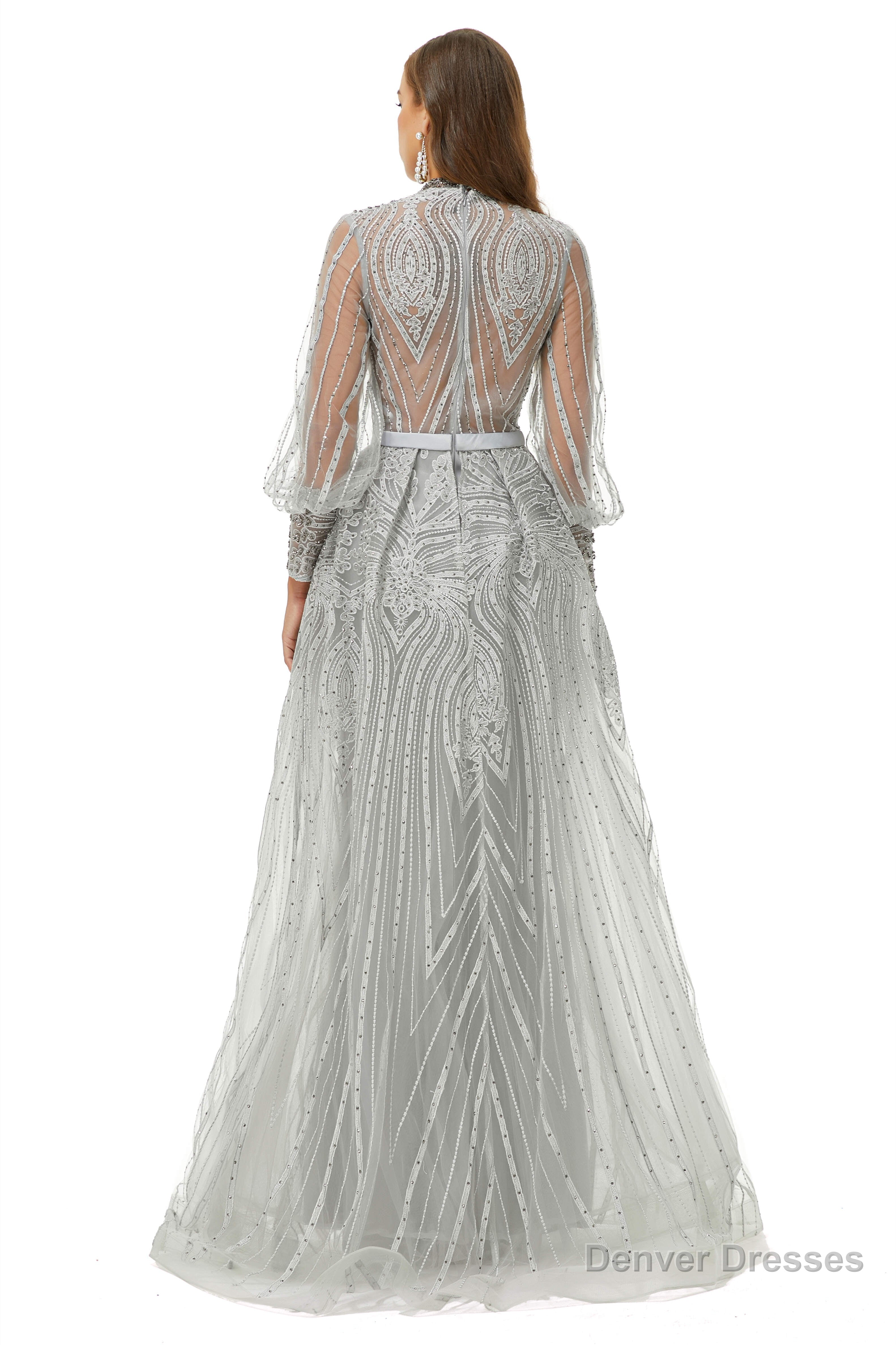 Gray Beaded Mermaid Long sleeves Prom Dresses