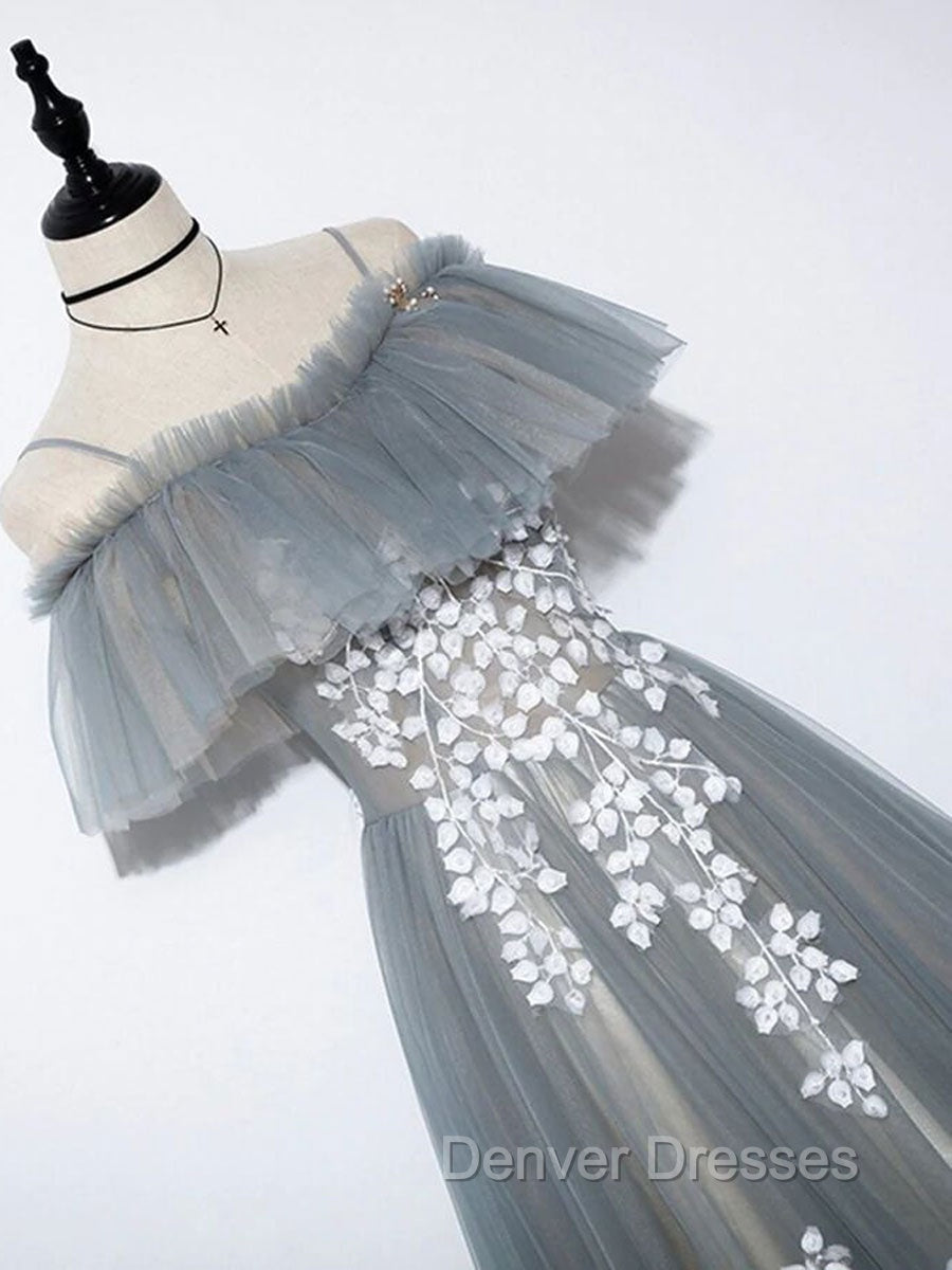 Gray Blue A line Tulle Lace Long Prom Dress, Gray Blue Graduation Dress Secondary image