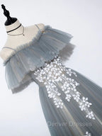 Gray Blue A line Tulle Lace Long Prom Dress, Gray Blue Graduation Dress