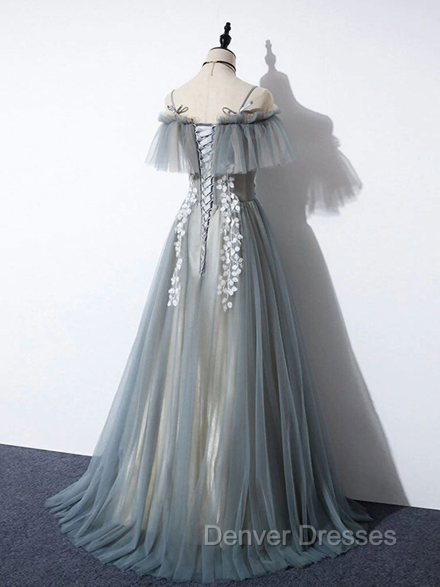 Gray Blue A line Tulle Lace Long Prom Dress, Gray Blue Graduation Dress
