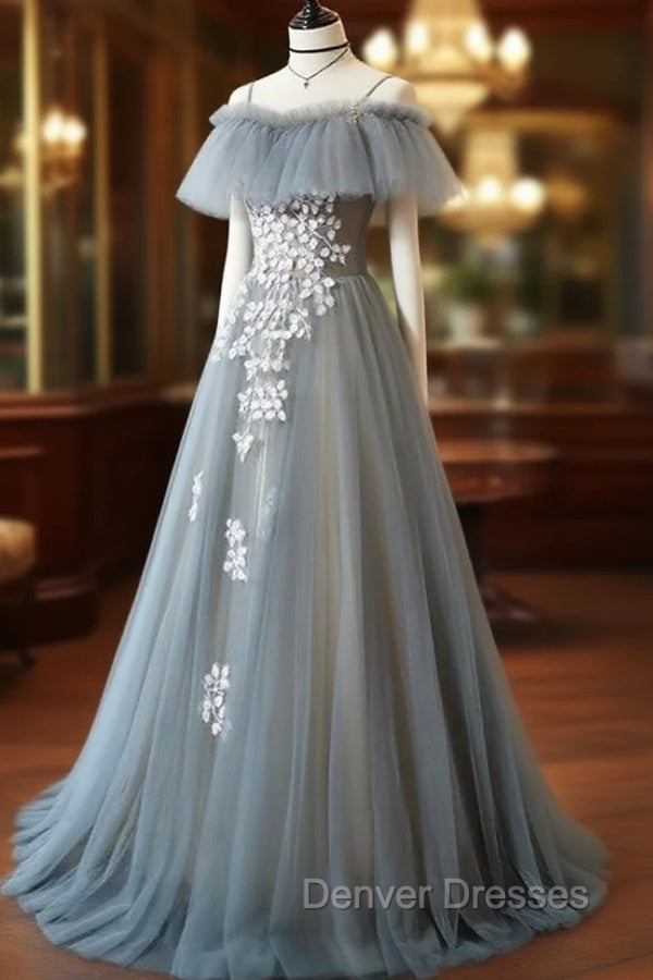 Gray Blue A line Tulle Lace Long Prom Dress, Gray Blue Graduation Dress