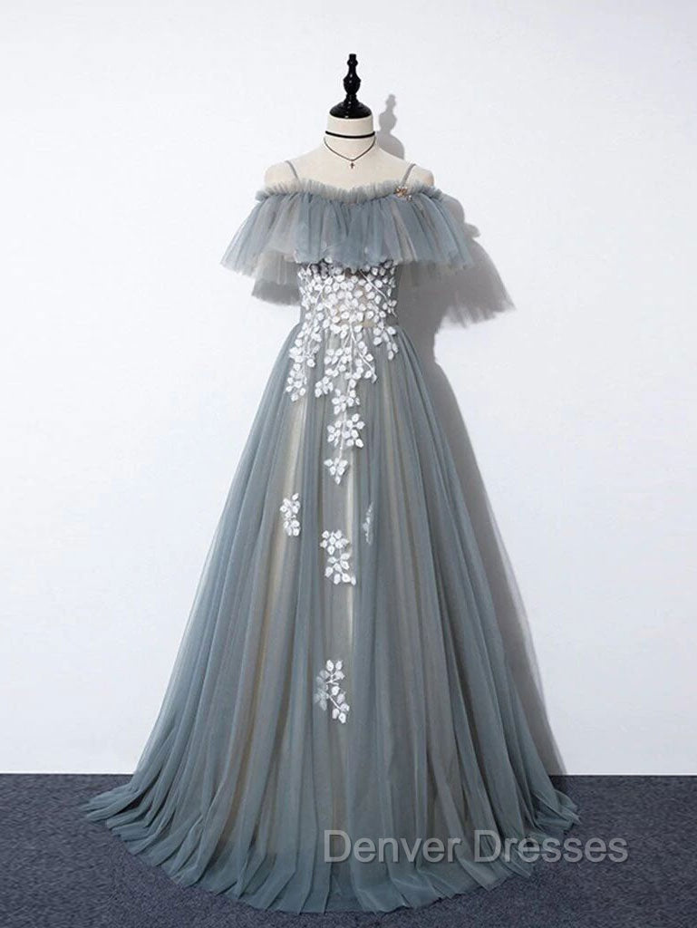 Gray Blue A line Tulle Lace Long Prom Dress, Gray Blue Graduation Dress Main image