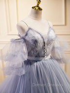 Gray Blue A-Line Tulle Lace Long Prom Dress, Gray Blue Formal Graduation Dress