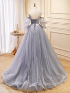Gray Blue A-Line Tulle Lace Long Prom Dress, Gray Blue Formal Graduation Dress