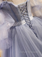 Gray Blue A-Line Tulle Lace Long Prom Dress, Gray Blue Formal Graduation Dress