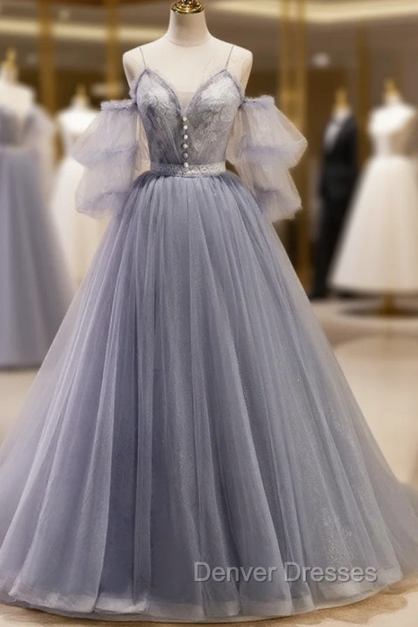 Gray Blue A-Line Tulle Lace Long Prom Dress, Gray Blue Formal Graduation Dress Main image