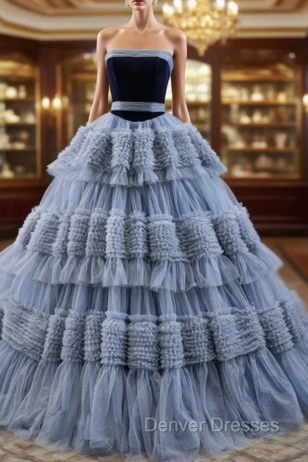 Gray Blue Ball Gown Tulle Strapless Tiers Pleats Prom Dress Main image