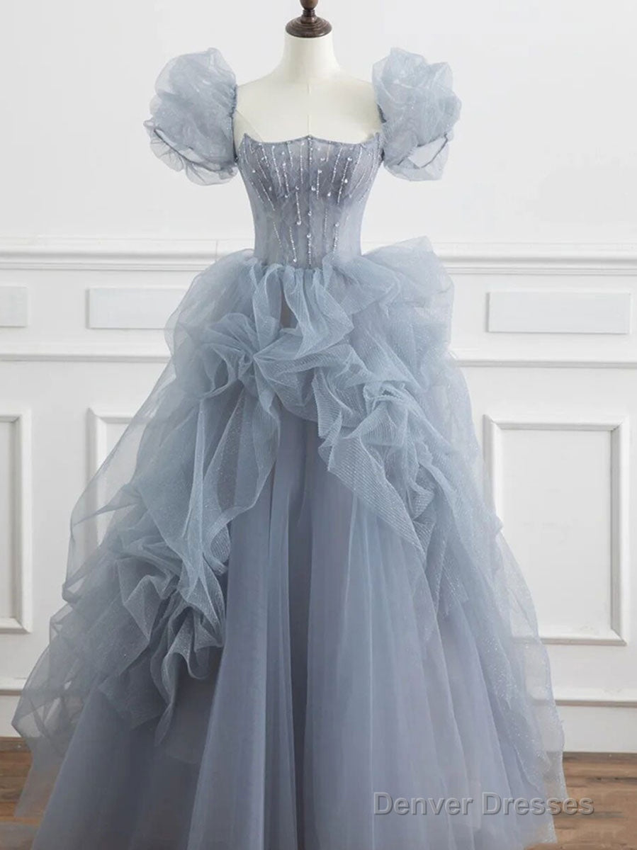 Gray Blue Beads Long Prom Dress Gray Tulle Formal Dress Main image