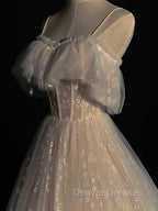 Gray blue/champagne Tulle Long Prom Dress, Tulle Formal Graduation Dress