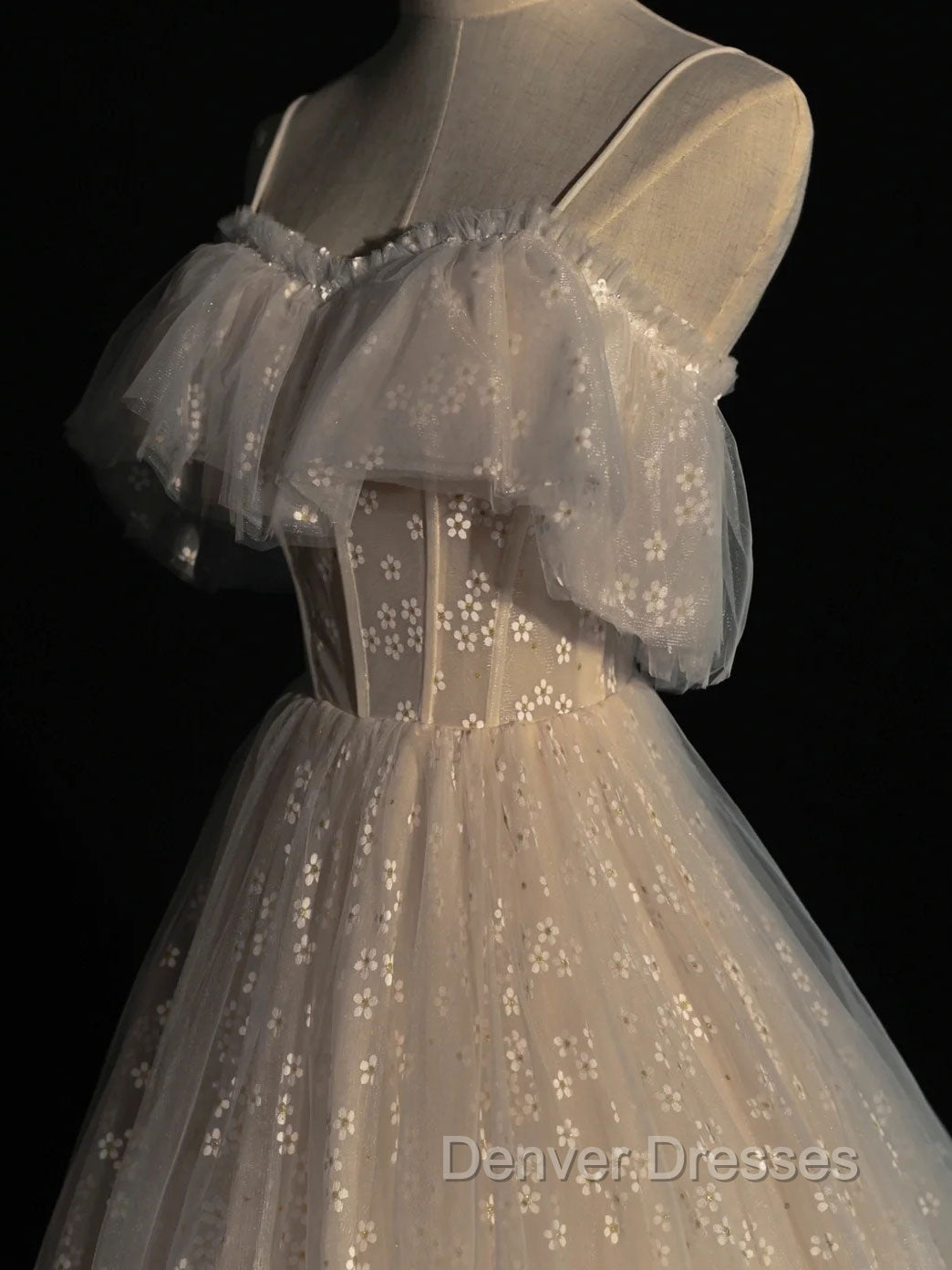 Gray blue/champagne Tulle Long Prom Dress, Tulle Formal Graduation Dress
