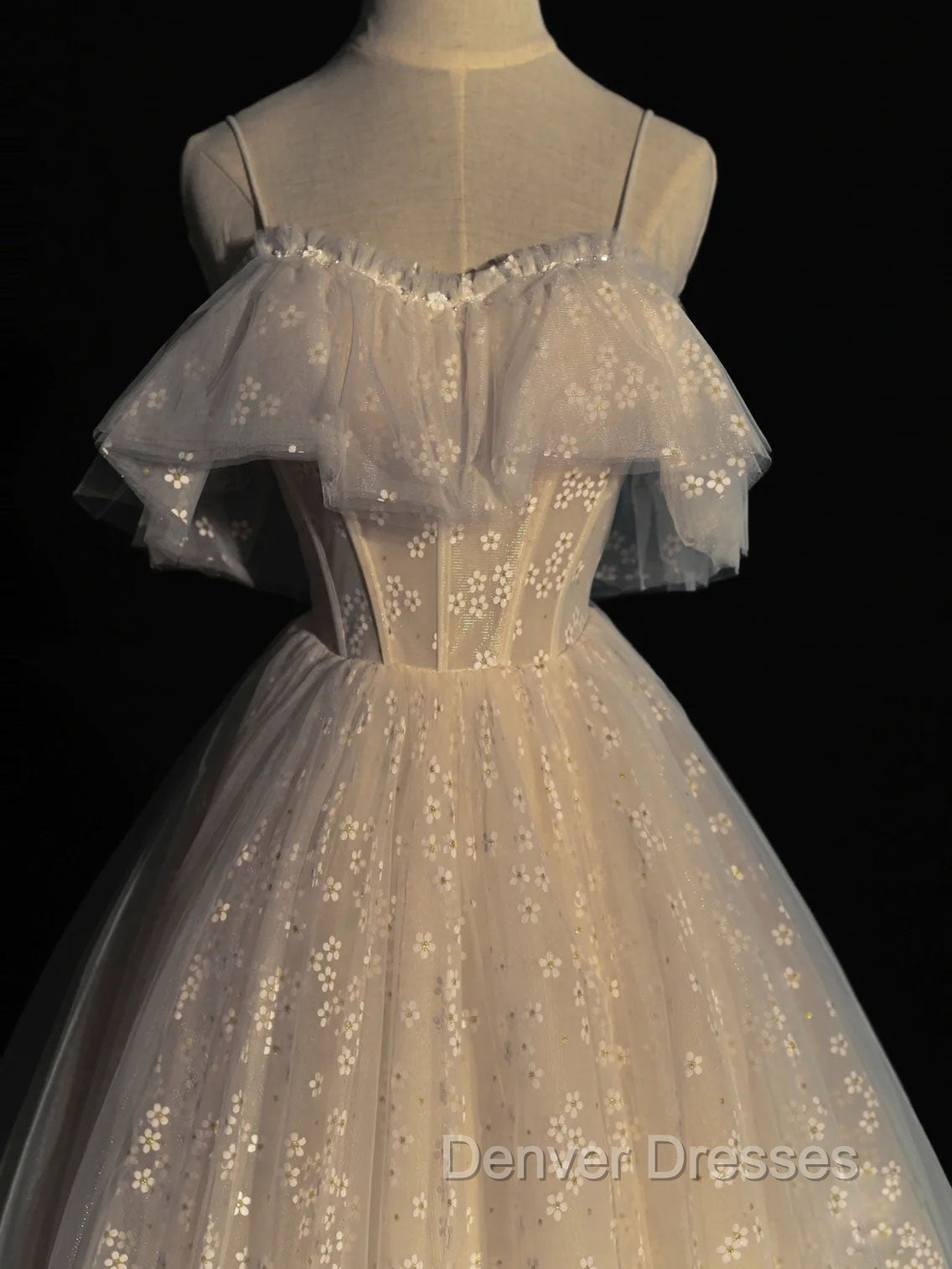 Gray blue/champagne Tulle Long Prom Dress, Tulle Formal Graduation Dress