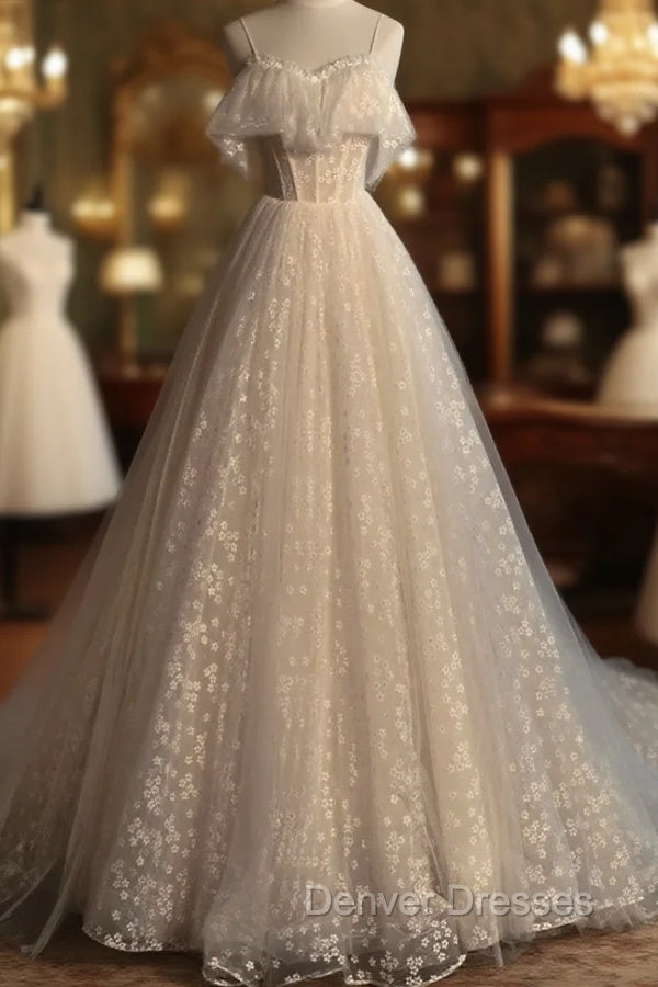 Gray blue/champagne Tulle Long Prom Dress, Tulle Formal Graduation Dress