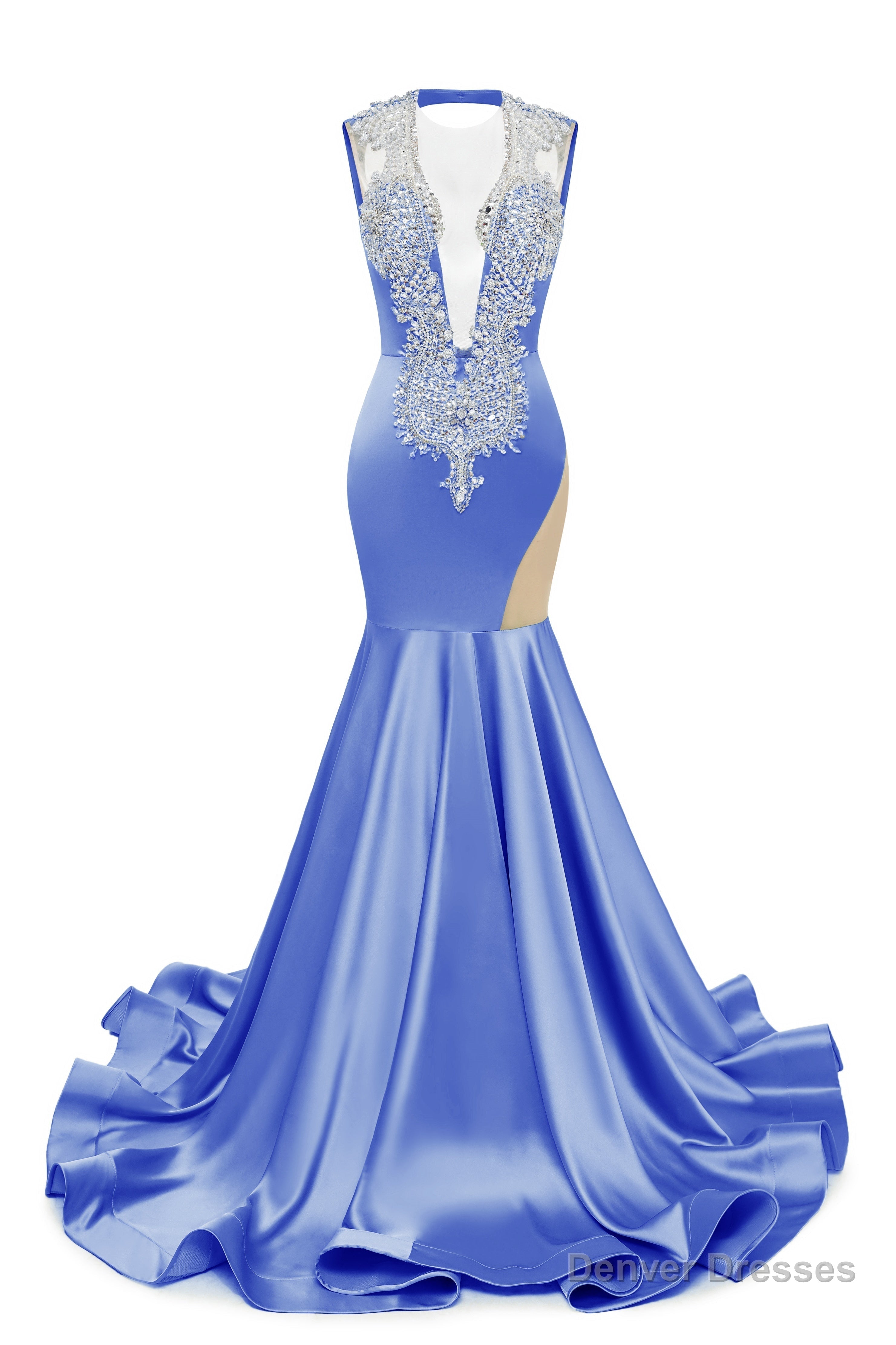 Gray Blue Deep V Neck Mermaid Satin Prom Dresses Sparkly Beaded Pageant Crystals Evening Formal Dresses