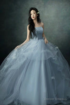 Gray Blue Strapless Tulle Long Prom Dress, Beautiful A-Line Evening Party Dress