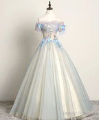 Gray Blue Sweetheart Lace Long Prom Dress, Gray Blue Tulle Evening Dress