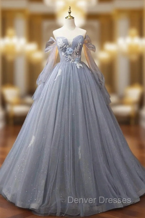 Gray Blue Tulle Floor Length Prom Dress, Elegant Long Sleeve Formal Evening Dress