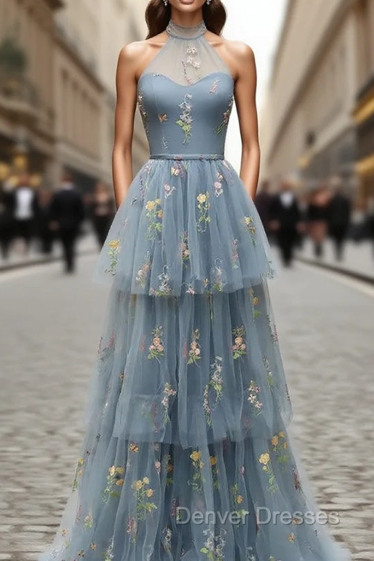 Gray Blue Tulle Halter Prom Dress Main image