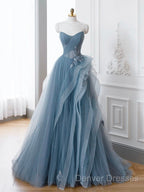 Gray Blue Tulle Lace Long Prom Dress, Gray Blue Formal Dress