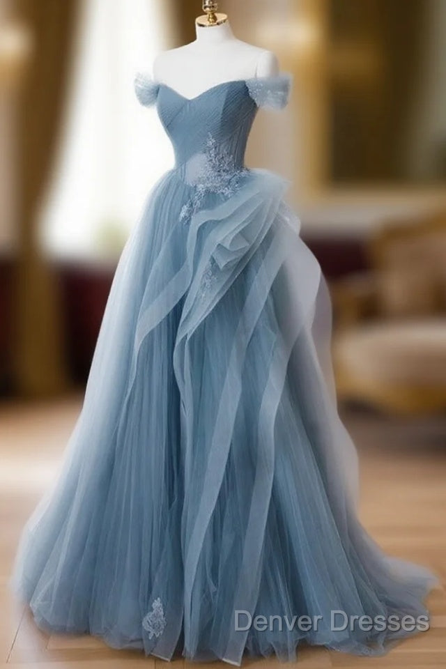 Gray Blue Tulle Lace Long Prom Dress, Gray Blue Formal Dress Main image