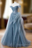 Gray Blue Tulle Lace Long Prom Dress, Gray Blue Formal Dress