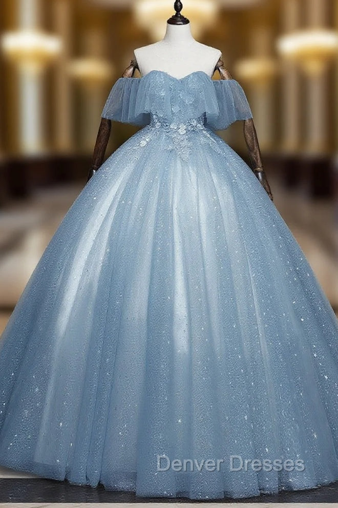 Gray Blue Tulle Lace Long Prom Dress, Gray Blue Tulle Evening Dress