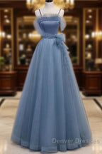 Gray Blue Tulle Long Prom Dress A Line Evening Dress Formal Dress December Wedding Guest Dress